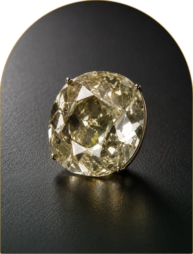 A cut De Beers diamond, photographed on a dark ground