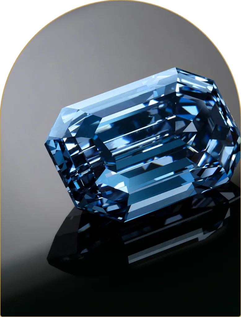 An emerald-cut blue diamond, photographed on a dark ground